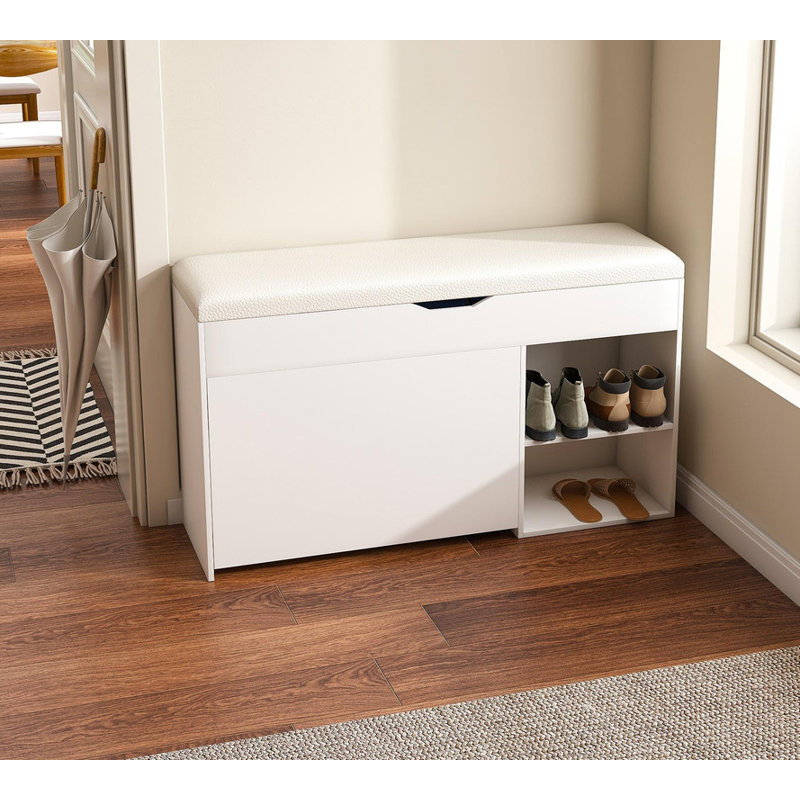 Entryway Bench with Shoe Storage,Adjustable 3-Tier Flip-Up Drawers & Hidden Cabinet,Space-Saving Shoe Organizer,Triple Storage and Modern Design,for Hallway and Living Room,White