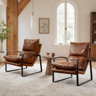 Mid Century Accent Genuine Leahter Lounge Chair