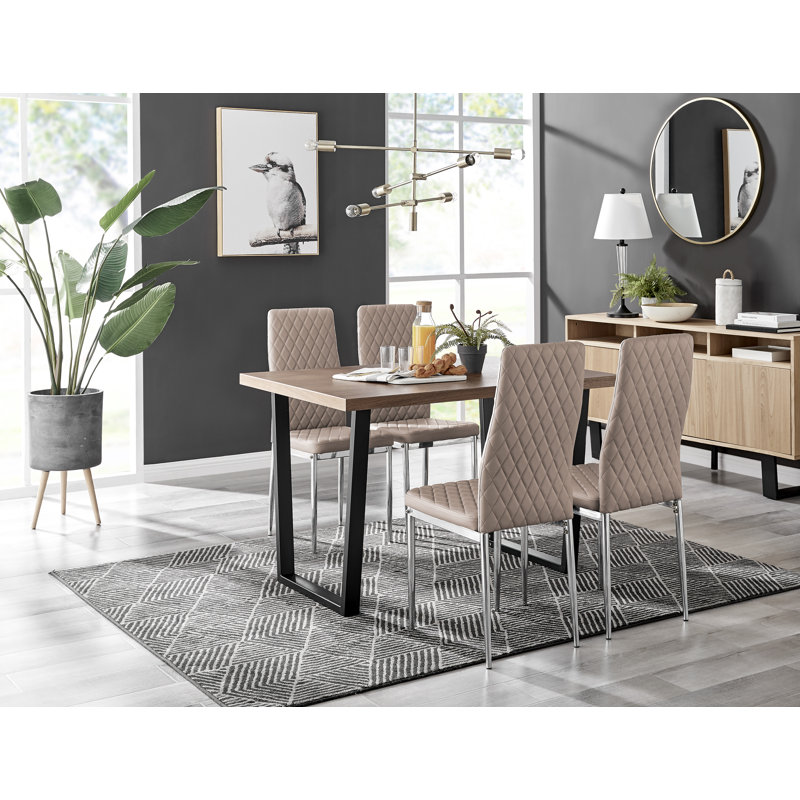Edward Wood Effect Pedestal Dining Table Set with Luxury Faux Leather Dining Chairs, Cappuccino, 4
