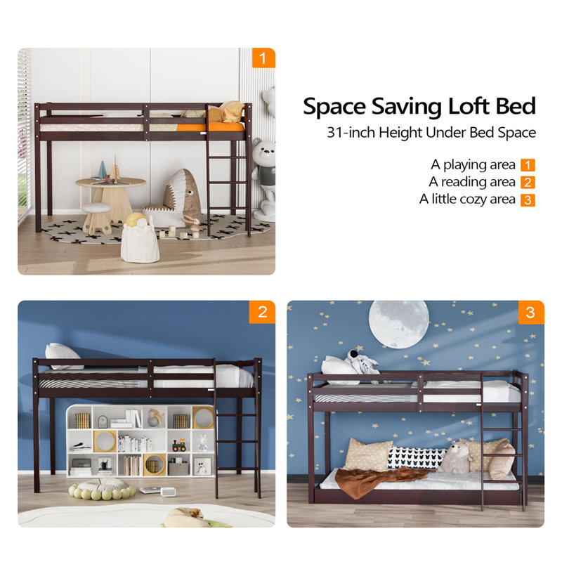 Junior Low Loft Bed With Stairs, Wood Loft Bed For Adults, Kids And Young Teens, Twin, Brown