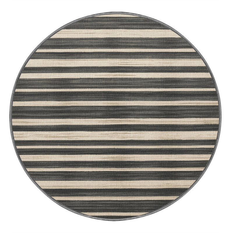 Washable Stone Gray Cream Striped Area Rug, Round 3'