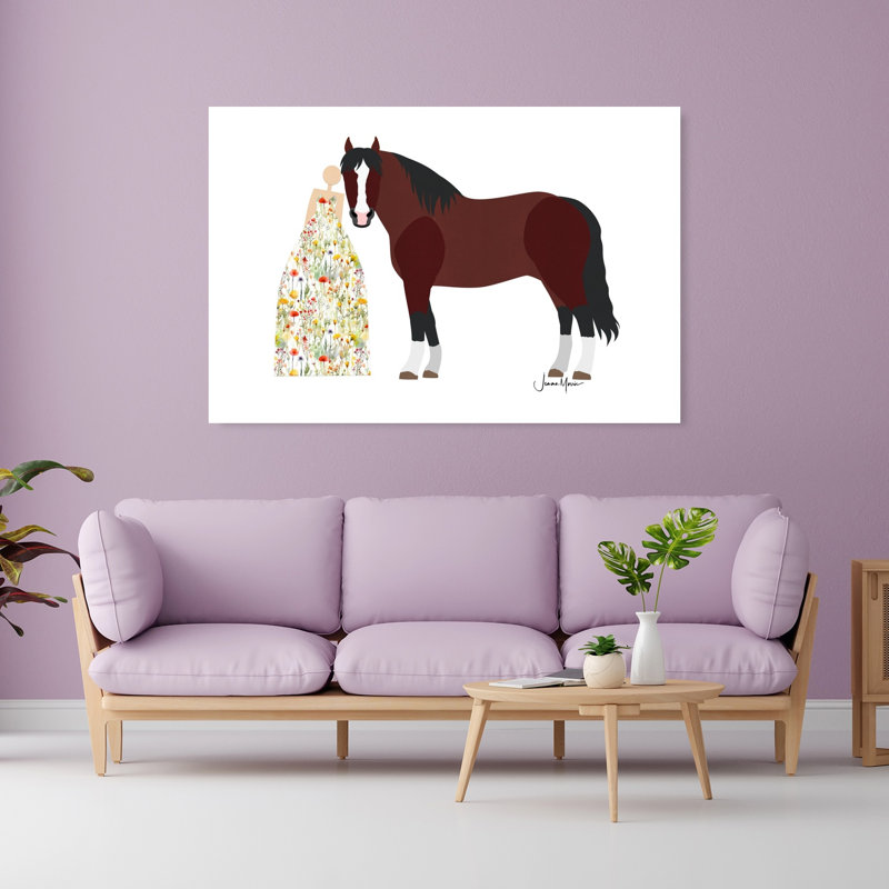 Woman And Horse Bond Minimalist Horse Flower Nature Wall Art Print 1 Piece Wrapped Canvas Wall Art, 101.6cm H x 152.4cm W