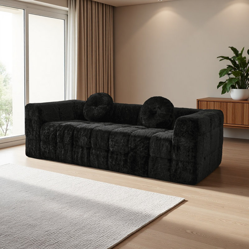 Canapé moderne de 84,6 pouces sans os avec deux coussins décoratifs circulaires, tissu en polyester à poils longs texturé litchi doux pour la peau et canapé en mousse à carreaux à trois places