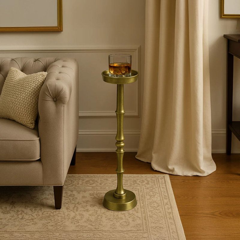 Balcom 26 Inch Side End Drink Table, Turned Pedestal Metal Base, Round Top, Oxidized Brass