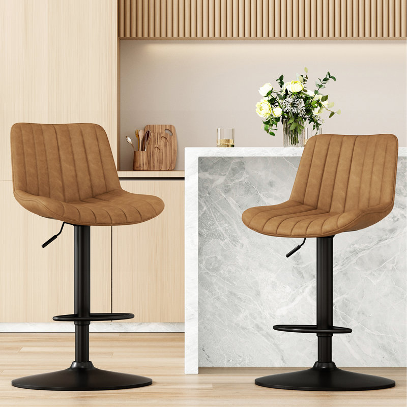 Ensemble de 2 tabourets de bar, tabourets de bar pivotants réglables, tabourets de hauteur de bar avec support pour le dos, chaises de bar à hauteur de comptoir en similicuir pour îlot de cuisine rustique, brun