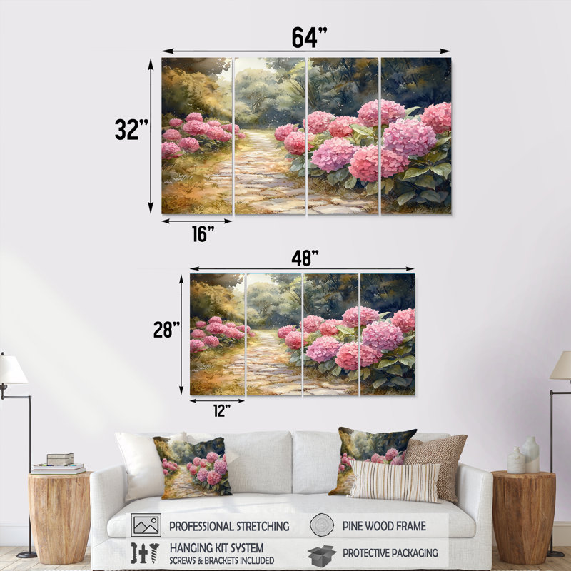 Hortensias par le chemin de pierre I - Art mural hortensia - Art mural traditionnel, 4, H 28 po x l 48 po