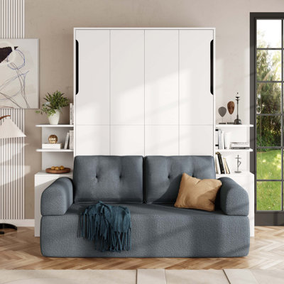 Grand lit escamotable mural avec canapé et armoires de rangement, lit mural peu encombrant pour bureau à domicile et chambre d'amis