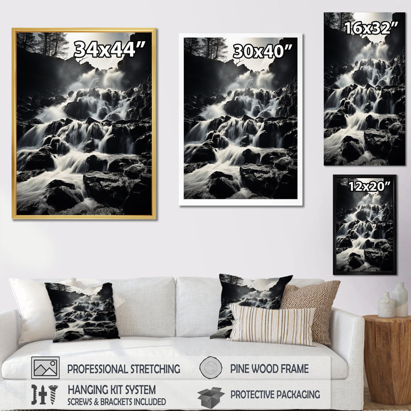 Chute d'eau monochrome en cascade harmonieuse II sur toile, H 40 po x l 30 po x P 1,5 po, Toile tendue