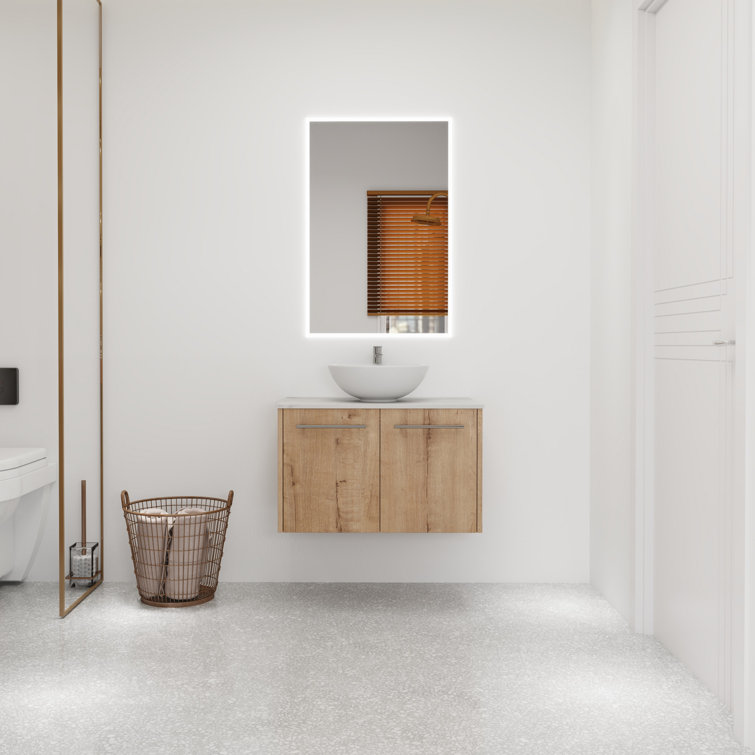 White Oak Floating Bathroom Storage Cabinet With Sliding Doors 