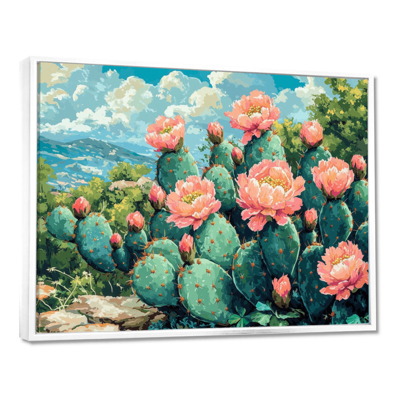 Cactus Garden In Bloom II - cactus, art mural, H 12 po x l 20 po, Cadre flottant, Blanc