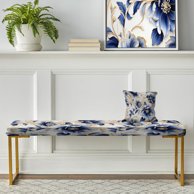 Cobalt Blue Filigree Victorian Pattern I - Floral Upholstered Gold Bench