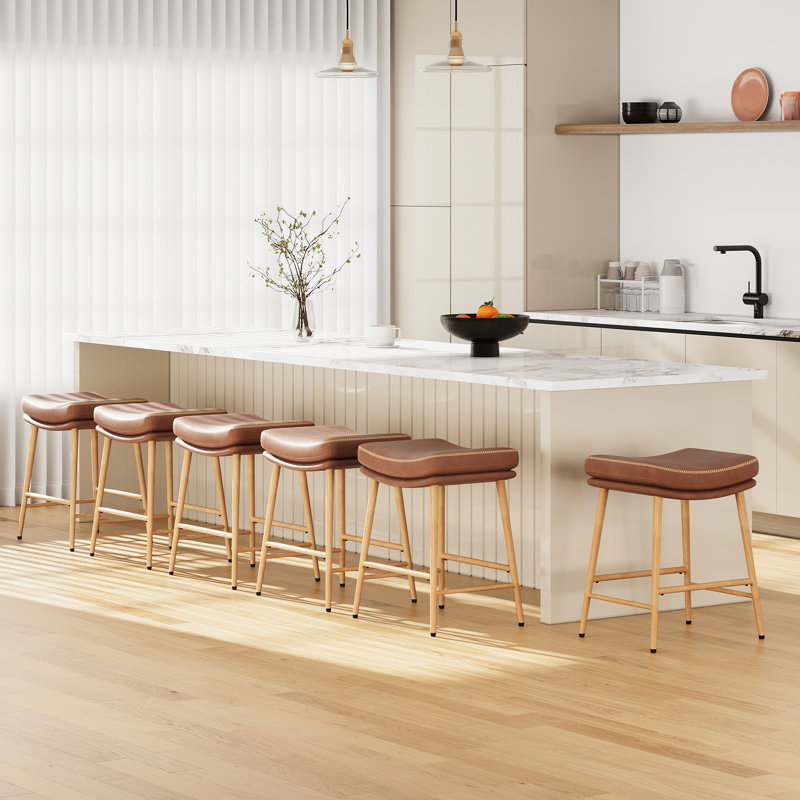 Stylish Counter Upholstered Bar Stool, Metal Frame with Wood Grain, Faux Leather Seat, Mid - Century Modern for Kitchen Island