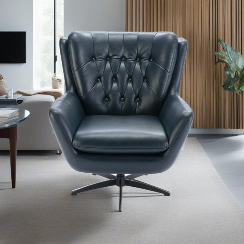 Chaise pivotante capitonnée avec base en métal, Similicuir bleu