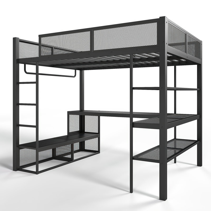 Grand lit mezzanine en métal avec bureau, tablettes de rangement et tringle à vêtements - aucun sommier nécessaire, noir