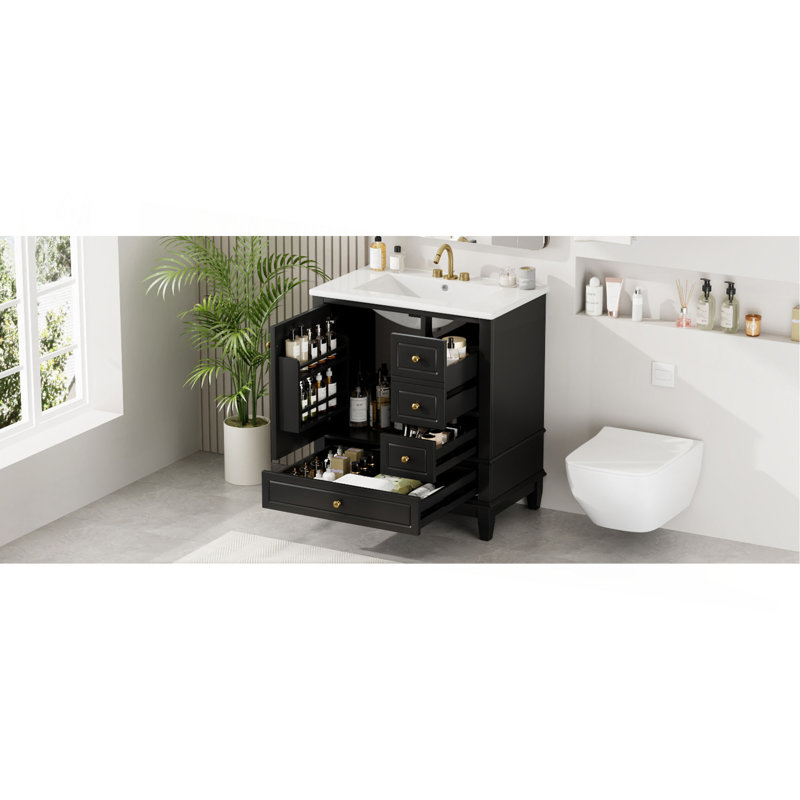 Meuble-lavabo 30 po avec lavabo, une porte avec tablette et trois tiroirs, porte à fermeture en douceur, Noir