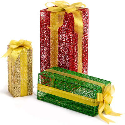 Lighted Gift Boxes Set Of 3, Pre-Lit Nestable Present Boxes Ornament With 90 LED Warm White Lights And Stakes For Christmas Outdoor Indoor Decorations Lighted Holiday Displays
