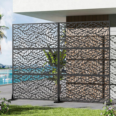 Freestanding Metal Privacy Screen, Laser Cut Decorative Garden Fence Panel with Stand, Rustproof Galvanised Steel Divider, 72 Inch Tall, Black, Dancing Leaves Style