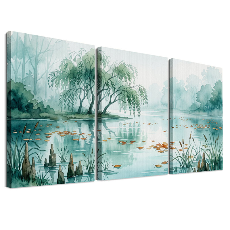 Ensemble de 3 toiles murales représentant un saule pleureur à l'aquarelle sur un étang turquoise, 36"H x 24"W x 3pcs