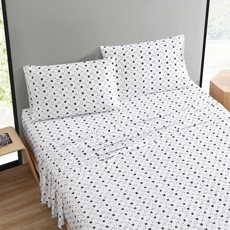 Full Black and White Cotton Percale Sheet Set with Floral Print