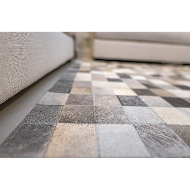Tapis gris en cuir de vache fabriqué à la main Bigham, Rectangle de 3 pi x 5 pi