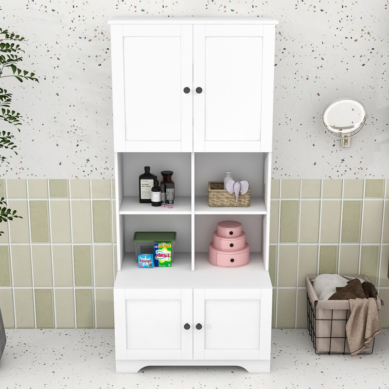 Keavin Wood Freestanding Bathroom Storage Cabinet with Adjustable Shelves and Multi-Layer Open Shelves, White