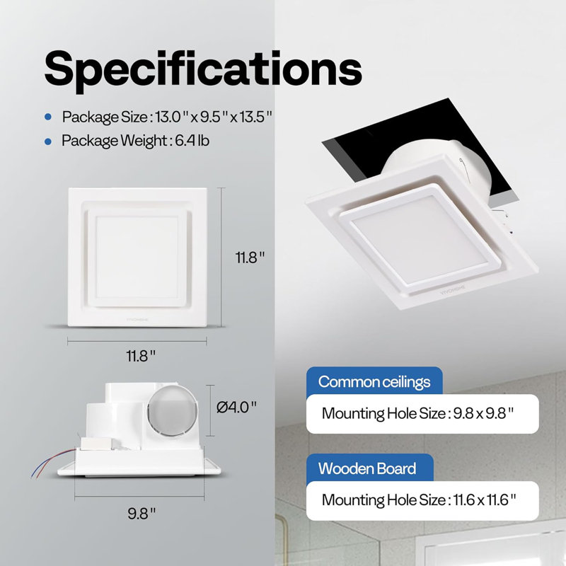 Ventilateur de salle de bain de 165 pi³ / min avec lumière DEL 6500 K, lumière blanche froide