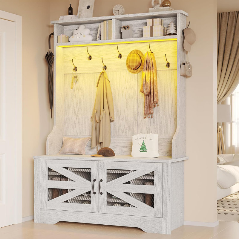 Coleon 43.3" W Hall Tree with LED Light and Shoe Storage, Embossed White