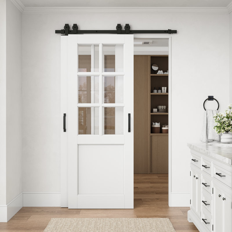Porte coulissante de grange standard à âme en bois massif préfinie, 6 carreaux de verre clair, 48 po x 80 po, avec ensemble de quincaillerie.