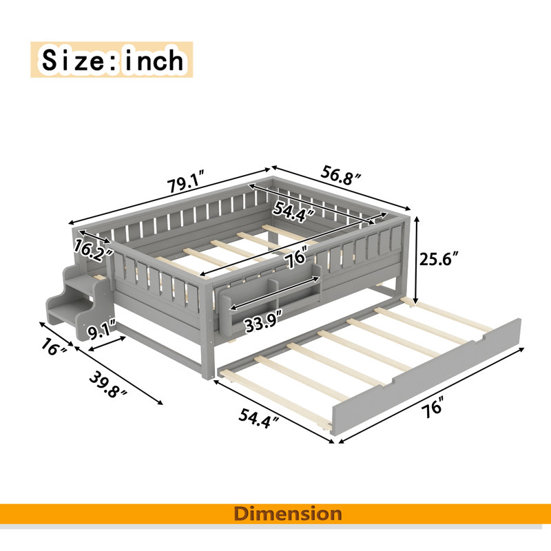 Lit, bibliothèque intégrée, petit escalier, rails de sécurité de haute qualité et lit gigogne, Lit double, Gris