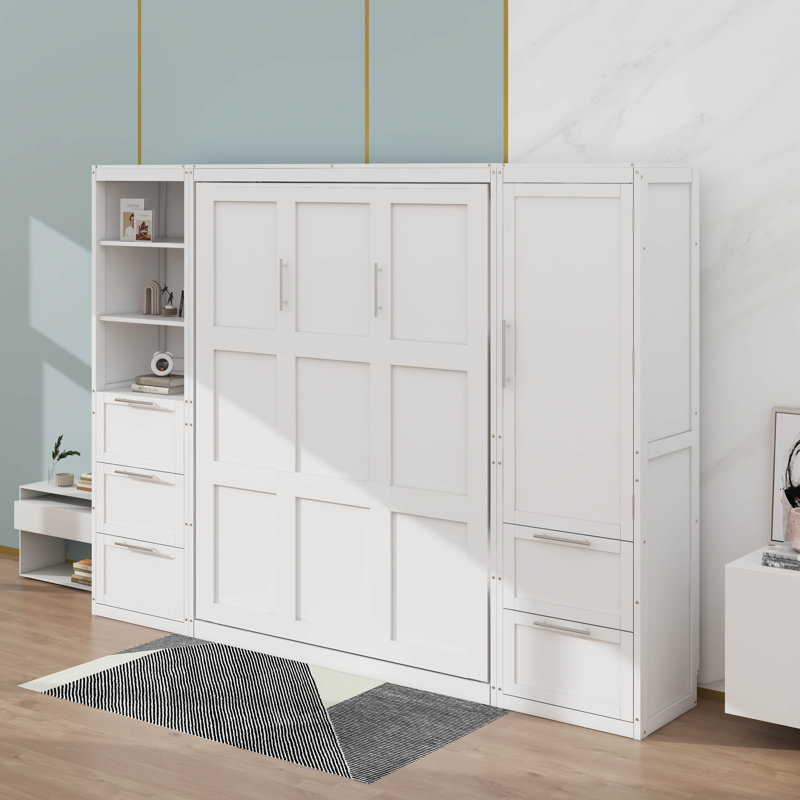 Grand lit escamotable avec tiroirs et tablettes, Blanc
