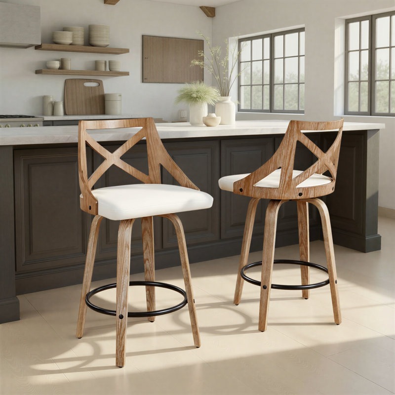 Tabouret de comptoir à hauteur fixe de 26 po avec pieds en bois courbé et repose-pieds rond Dannie, White Faux Leather