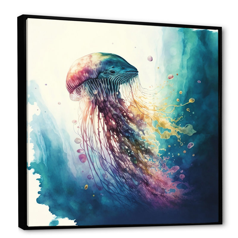 Denekia, méduse profonde colorée V - poisson, art mural, L 16 po x H 16 po, Cadre flottant noir