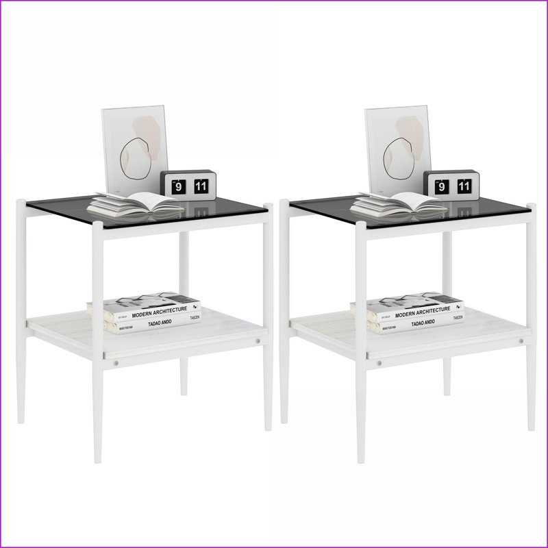 Ensemble de 2 tables basses modernes en verre trempé gris pour le salon, faciles à nettoyer et peu encombrantes, Gris, Blanc