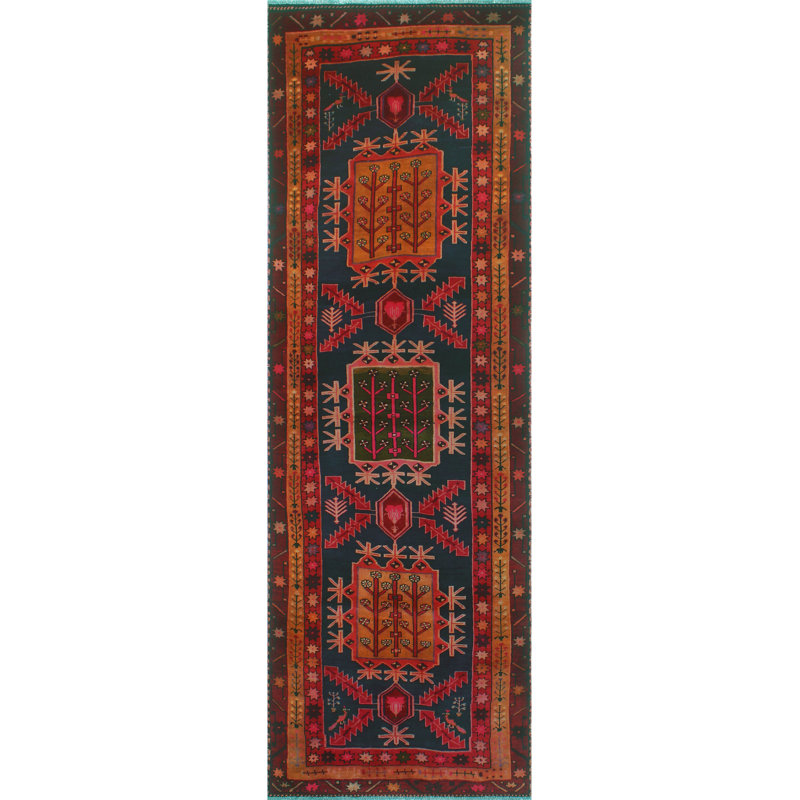 One-of-a-Kind 3'5" x 10'10" 1980s Runner Wool Area Rug in Beige and Navy