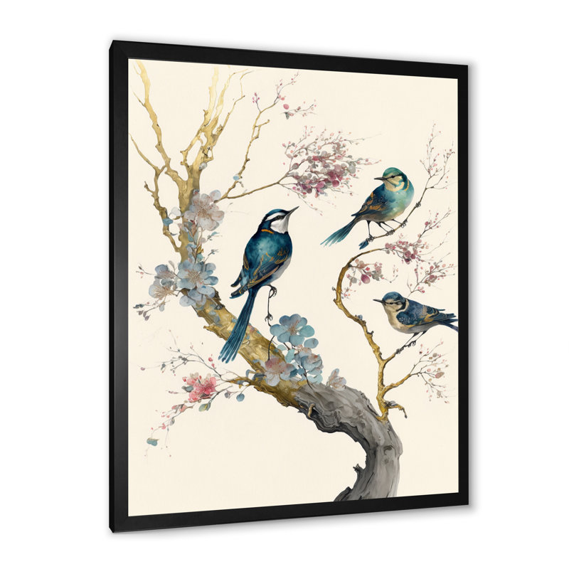 «Multicolor Birds on Plum Blossoms Tree», reproduction d'art sur toile encadrée