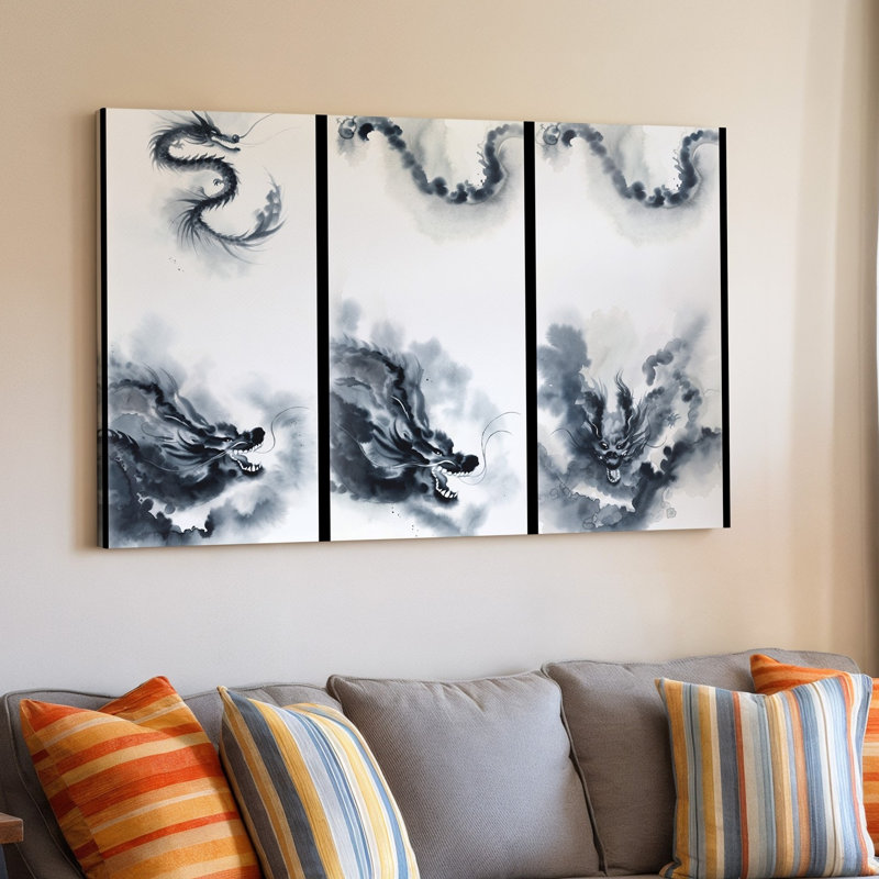 Toile, création d'une série de quatre panneaux verticaux avec art mural stylisé éthéré Dragons dans un style à encre monochromatique