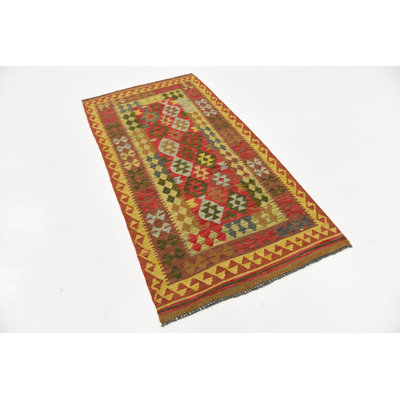 Tapis de zone en laine vert/beige/rouge 3 pi 4 po x 6 pi 3 po one-of-kind à la main noué la Doorfield