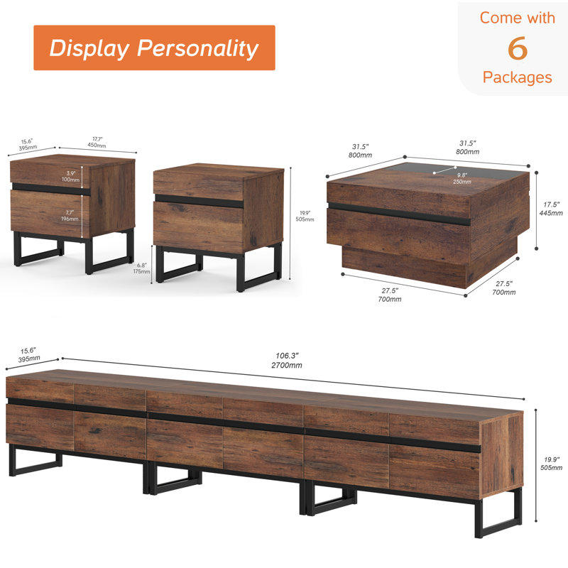 Latitude Run® Living Room Table Sets Of 4, 106 Inch TV Stand, 1 Square Coffee Table With Tempered Glass Top, 2 End Table With Drawers For Living Room, Entertainment Centre, Console Table