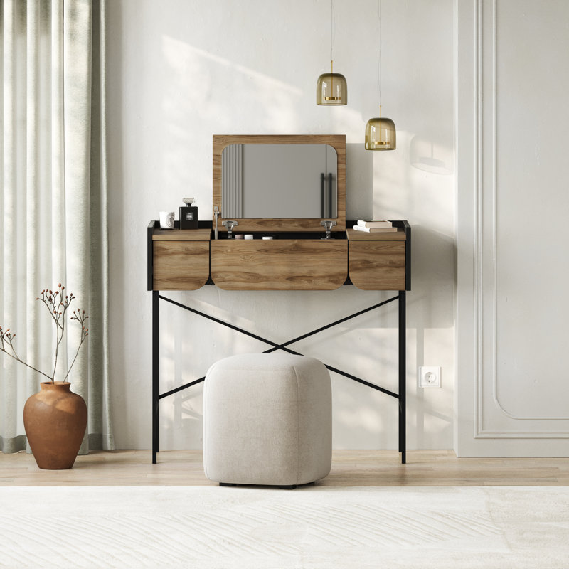 Terra Modern Dressing Table With Lift-up Mirror And 2 Drawers, Whiskey Oak-Black Wood
