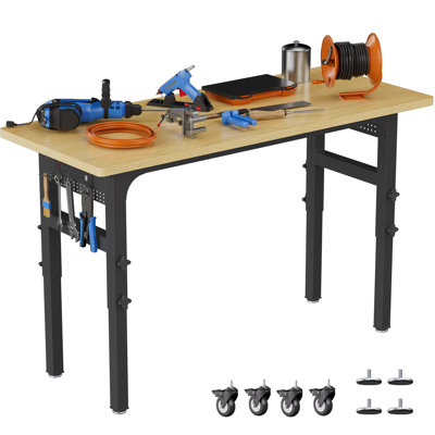 Adjustable Garage Workbench With Power Outlet, 2000 Lbs Load Capacity Hardwood Top Heavy Duty Work Bench W/side Pegboards, Tool Bench W/wheels & Feet For Woodworking, Workshop, Office