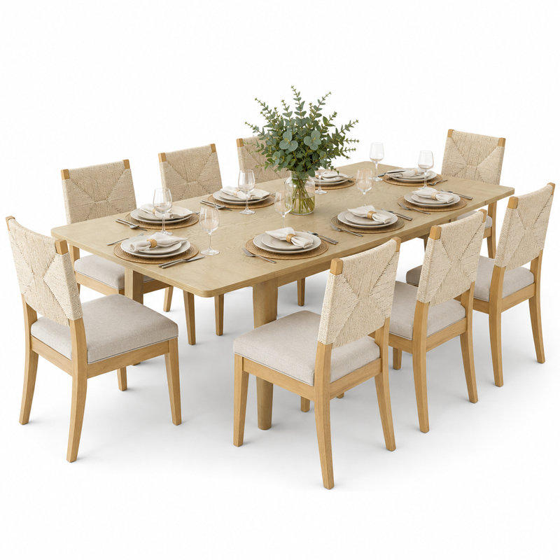 Jorge 9-Piece 63"-95" Extendable Solid Oak Dining Set With 8 Woven Chairs