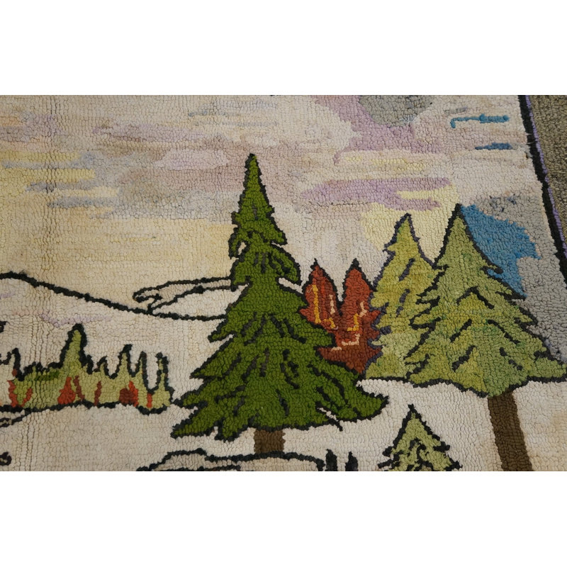 Antique Pictorial American Folk Art Hooked Rug