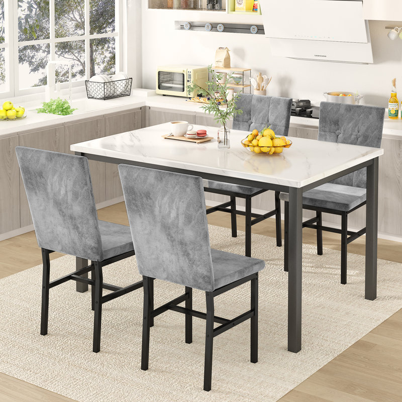 Modern Style 5 Pieces Dining Table Set For 4, Faux Marble Dining Room Table Set With Velvet Upholstered Dining Chairs, MDF Table Top And Metal Frame Dinette Set For Small Space