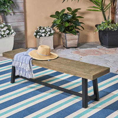 Banc d'extérieur à deux tons en bois gris sablé et noir, profondeur de 14,5 pouces, assemblage simple en bois noir, largeur de 63 pouces, hauteur de 18, idéal pour les réunions d'amis