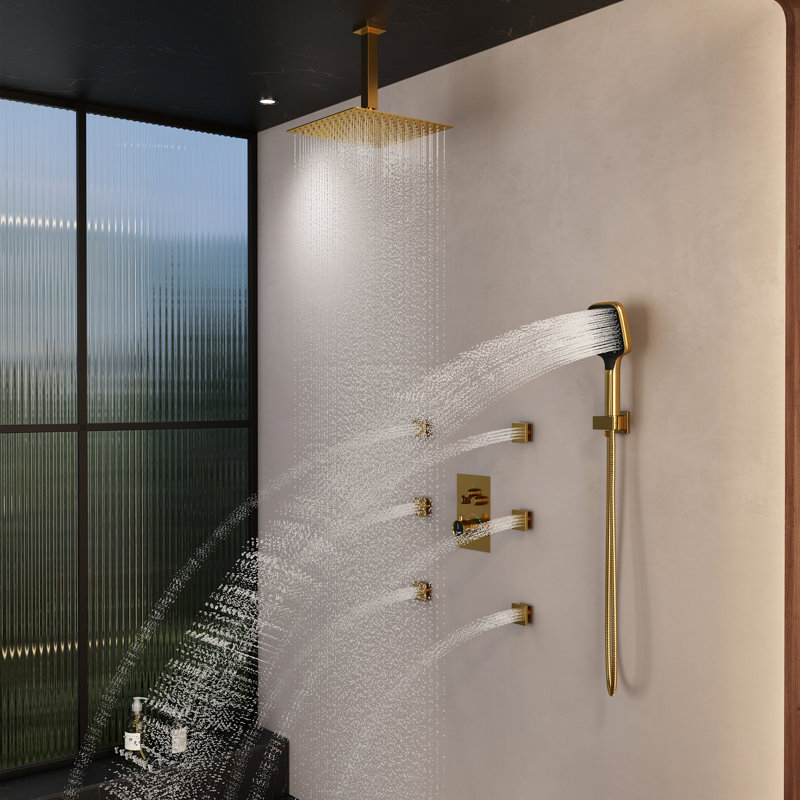 Brushed Gold Multi-Head Ceiling Mounted Shower System with Body Jets