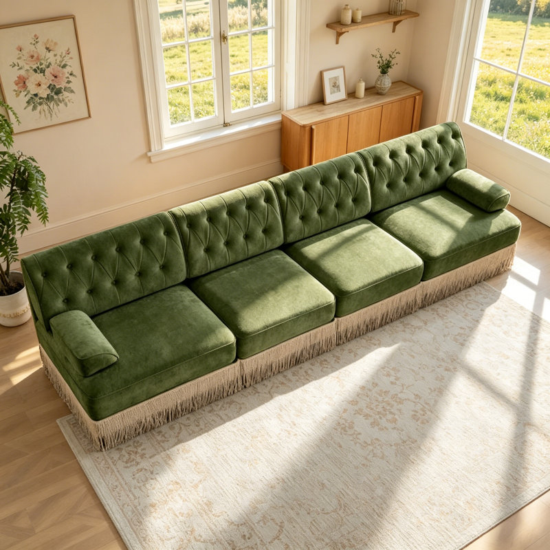 Luxueux canapé de style Chesterfield en velours doux avec capitonnage à boutons, jupe à pampille et conception modulaire pour une détente élégante, vert