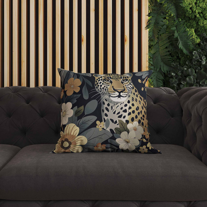 Coussin intérieur / extérieur Jungle Cat, Beige / jaune / gris, Carré 16 po