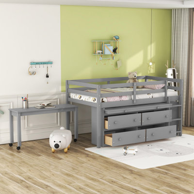 Lit mezzanine multifonctionnel en bois avec bureau rétractable et rangement