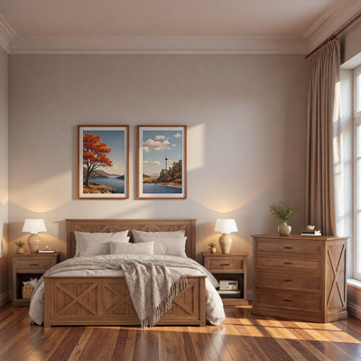 Ensemble de chambre à coucher 4 pièces, lit plateforme en bois avec tête de lit à motifs classiques, 2 tables de chevet avec tiroir et tablette ouverte, 1 commode à 4 tiroirs