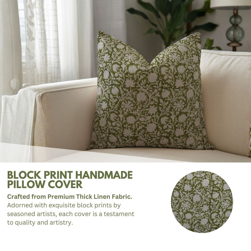 Block Print Throw Pillow Cover, 3 Thick Linen Decorative Cushion Cover, 36" x 14"